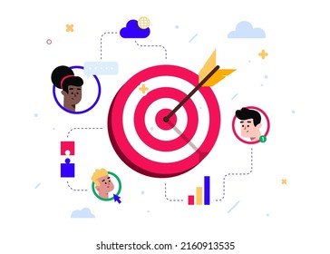 Target customer concept. Market segmentation, advertising, target market, target group. Customer acquisition campaign, accurate promo, advertising business. Vector isolated illustration on white.