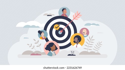 Target customer group and marketing activity audience tiny person concept. Advertising project with precise communication and social focus accuracy vector illustration. Aim to niche client engagement.