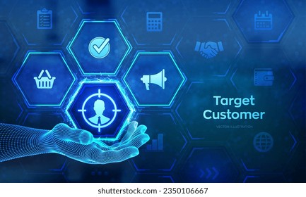 Target customer icon in wireframe hand. Buyer persona, customer behavior concept on virtual screen. Marketing plan. Personalization marketing, customer centric strategies. Vector illustration.