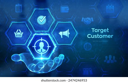 Target customer icon in wireframe hand. Buyer persona, customer behavior concept on virtual screen. Marketing plan. Personalization marketing, customer centric strategies. Vector illustration.