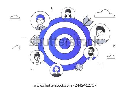 Target customer simple. Marketing and advertisement, promotion of social networks and messengers. Electronic commerce. SMM and SEO specialists with users. Doodle flat vector illustration