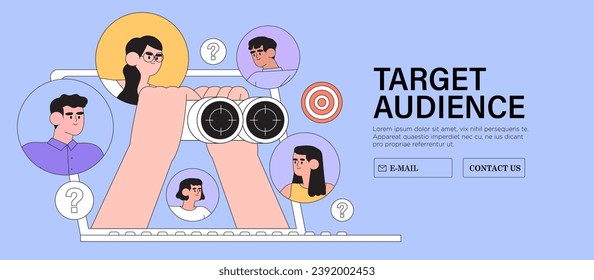 Target customer traffic concept, audience outreach and sales generation. Customer attraction campaign, accurate promo advertising and seo marketing on social media. Focus group vector illustration.