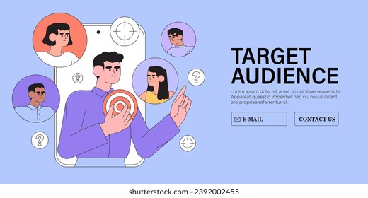 Enfocar el concepto de tráfico de clientes, el alcance de la audiencia y la generación de ventas. Campaña de atracción de clientes, publicidad promocional precisa y marketing seo en medios sociales. Ilustración vectorial de grupo de enfoque.