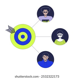 Conceito de ilustração 2D de clientes-alvo. Objetivo comum para personagens de desenho animado em equipe isolados em branco. Funcionários de finalidade. Os consumidores visam. Metáfora de marketing na Internet gráfico vetorial plano abstrato