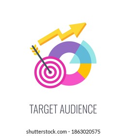 Target customers icon, audience outreach and sales generation. Big goal, target. Study diagram. Market share of the company. Flat vector illustration.