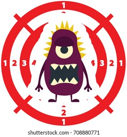 Target with dark lilac monster flat style on white background for children game, medical poster, hellowen party. Vector Illustration