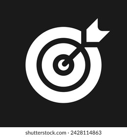 Target dark mode glyph ui icon. Goal achievement. Sport competition. User interface design. White silhouette symbol on black space. Solid pictogram for web, mobile. Vector isolated illustration