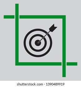 Target with dart. Black icon inside green crop tool at light gray background