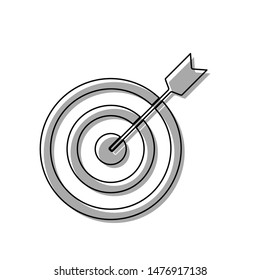 Target with dart. Black line icon with gray shifted flat filled icon on white background. Illustration.