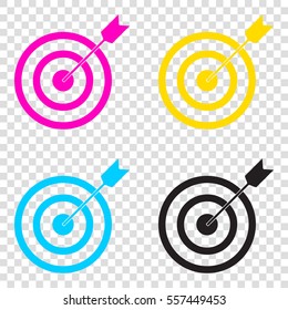 Target with dart. CMYK icons on transparent background. Cyan, magenta, yellow, key, black.