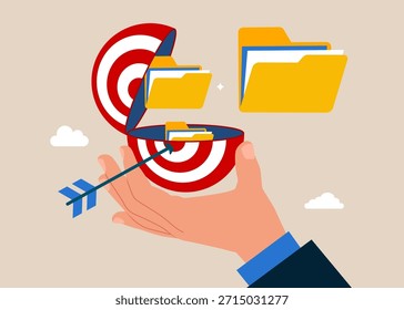 Destino y dardo con carpeta de archivos junto a la mitad de un tablero abierto de destino. Concéntrate a propósito. Concepto de papeleo, gestión de archivos, organizar archivos de documentos en carpetas de Archivar. Ilustración plana de Vector