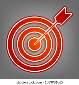 Target with dart. Flat red icon with linear white icon with gray shadow at grayish background. Illustration.