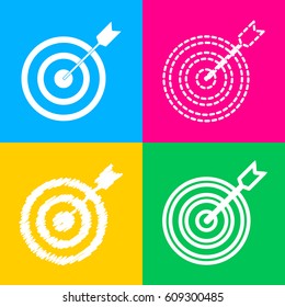 Target with dart. Four styles of icon on four color squares.