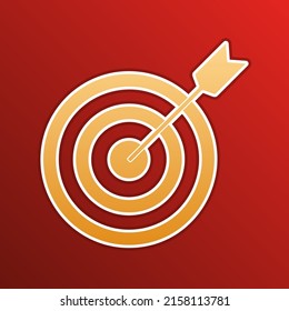 Target with dart. Golden gradient Icon with contours on redish Background. Illustration.