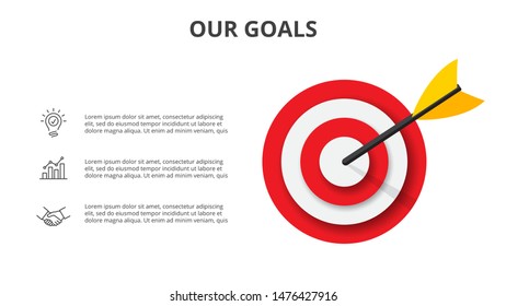 Target with dart, icons and text. Infographic template presentation. Goal achievement.