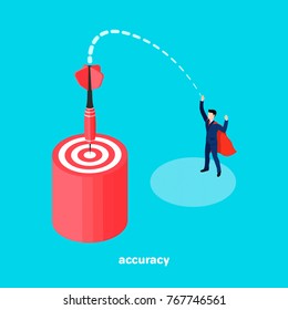 target and dart, a man in a business suit made an accurate throw with a dart at the target, an isometric image