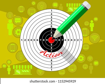 Target dart and pencil template design for business strategy. Shooting target market success solutions concept. Vector flat style illustration on yellow background.