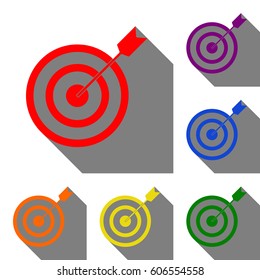 Target with dart. Set of red, orange, yellow, green, blue and violet icons at white background with flat shadow.