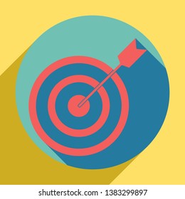 Target with dart. Sunset orange icon with llapis lazuli shadow inside medium aquamarine circle with different goldenrod shadow at royal yellow background.