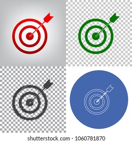 Target with dart. Vector. 4 styles. Red gradient in radial lighted background, green flat and gray scribble icons on transparent and linear one in blue circle.