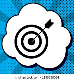 Target with dart. Vector. Black icon in bubble on blue pop-art background with rays.