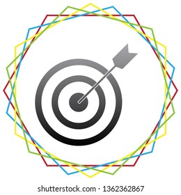 Target with dart. Vector. Black icon with patch of light inside colorful hexagonal frames at white background.