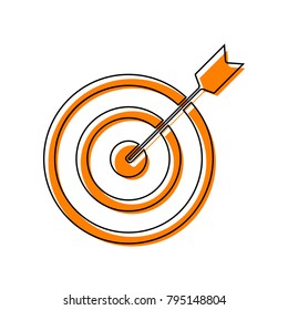 Target With Dart. Vector. Black Line Icon With Shifted Flat Orange Filled Icon On White Background. Isolated.