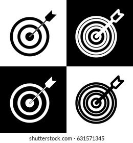 Target with dart. Vector. Black and white icons and line icon on chess board.