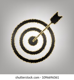 Target with dart. Vector. Blackish icon with golden stars at grayish background.