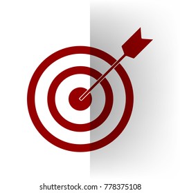 Target with dart. Vector. Bordo icon on white bending paper background.