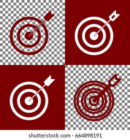 Target with dart. Vector. Bordo and white icons and line icons on chess board with transparent background.