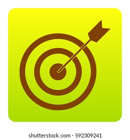 Target with dart. Vector. Brown icon at green-yellow gradient square with rounded corners on white background. Isolated.