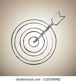 Target with dart. Vector. Brush drawed black icon at light brown background.