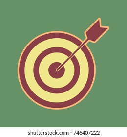 Target with dart. Vector. Cordovan icon and mellow apricot halo with light khaki filled space at russian green background.