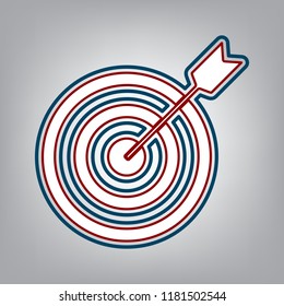 Target with dart. Vector. Dark red, transparent and midnight green stroke of white icon at grayish background.