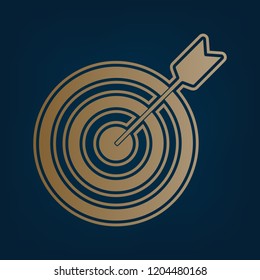 Target with dart. Vector. Golden icon and border at dark cyan background.