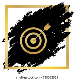 Target with dart. Vector. Golden icon at black spot inside golden frame on white background.