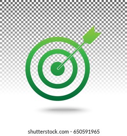 Target with dart. Vector. Green gradient icon with shadow at bottom on transparent and white background.