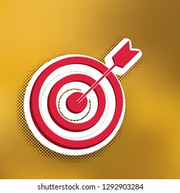 Target with dart. Vector. Magenta icon with darker shadow, white sticker and black popart shadow on golden background.