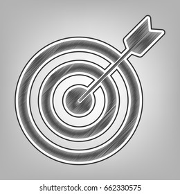Target with dart. Vector. Pencil sketch imitation. Dark gray scribble icon with dark gray outer contour at gray background.