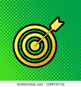 Target with dart. Vector. Pop art orange to yellow dots-gradient icon with black contour at greenish background.