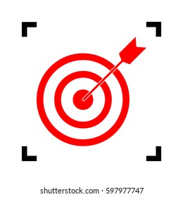 Target with dart. Vector. Red icon inside black focus corners on white background. Isolated.
