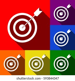 Target with dart. Vector. Set of icons with flat shadows at red, orange, yellow, green, blue and violet background.