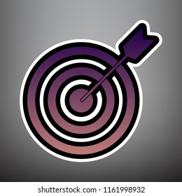 Target with dart. Vector. Violet gradient icon with black and white linear edges at gray background.
