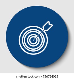 Target with dart. Vector. White contour icon in dark cerulean circle at white background. Isolated.