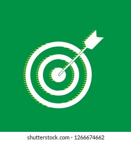 Target with dart. Vector. White flat icon with yellow striped shadow at green background.