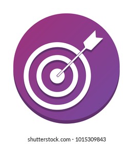 Target with dart. Vector. White icon with flat shadow on purpureus circle at white background. Isolated.