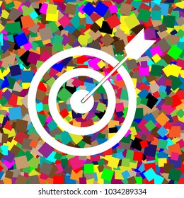 Target with dart. Vector. White icon on colorful background with seamless pattern from squares.