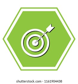 Target with dart. Vector. White icon with black shadow at yellow green honeycomb on white background.