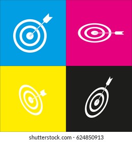 Target with dart. Vector. White icon with isometric projections on cyan, magenta, yellow and black backgrounds.